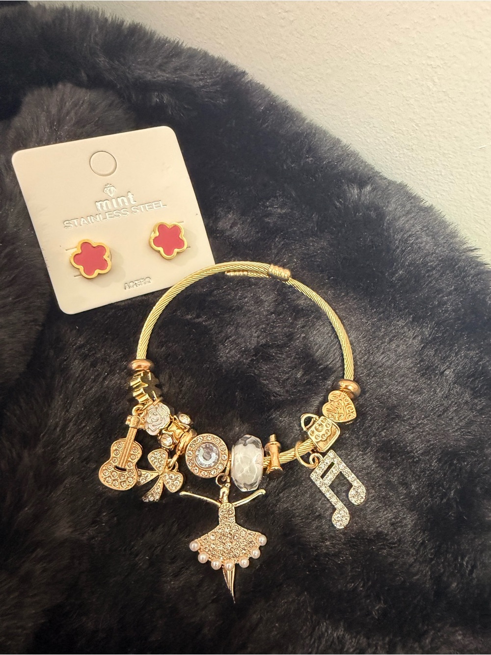 Gold-Tone Ballet Charm Bracelet with Pink Flower Stud Earrings-Brand New WOT